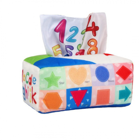 Jucarie educativa si senzoriala bebe, Cutie cu batiste, material textil, Montessori, Litere si forme geometrice, EduJucarii, 3 luni+ [3]