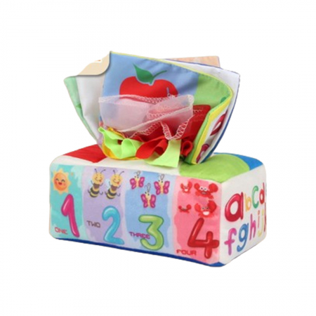 Jucarie educativa si senzoriala bebe, Cutie cu batiste, material textil, Montessori, Litere si forme geometrice, EduJucarii, 3 luni+ [1]
