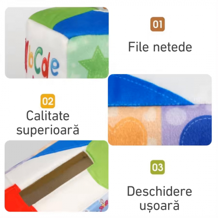 Jucarie educativa si senzoriala bebe, Cutie cu batiste, material textil, Montessori, Litere si forme geometrice, EduJucarii, 3 luni+ [5]