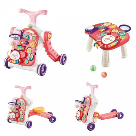 De Bebe - Jucarie Interactiva, Centru de activitati multiple, 5 in 1 cu lumini si sunete, Antemergator, Masuta de activitati, Tricicleta, Masinuta ride-on, Trotineta, culoare alb si roz, Edujucarii