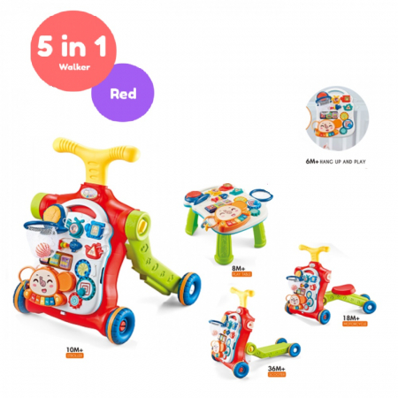 De Bebe - Jucarie Interactiva, Centru de activitati multiple, 5 in 1 cu lumini si sunete, Antemergator, Masuta de activitati, Tricicleta, Masinuta ride-on, Trotineta, culoare verde si rosu, Edujucarii