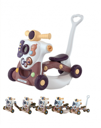 De Bebe - Jucarie Interactiva, Centru de activitati multiple, 6 in 1 cu lumini si sunete, Antemergator, Balansoar, Tricicleta, Masinuta ride-on, Trotineta, culoare maro, Edujucarii