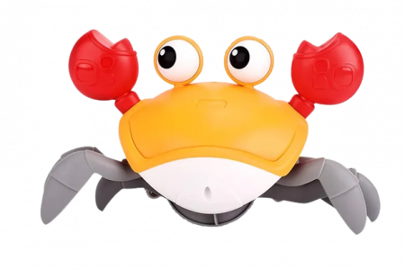 Jucarii interactive bebelusi - Jucarie interactiva Crab cu sunete, lumini, se deplaseaza si canta, senzori pentru obstacole, jucarie pe inductie, cablu incarcare USB, 3 ani+, galben, Edujucarii