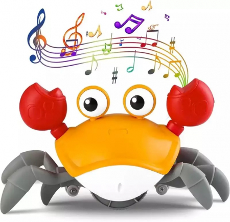 Jucarie interactiva Crab cu sunete, lumini, se deplaseaza si canta, senzori pentru obstacole, jucarie pe inductie, cablu incarcare USB, 3 ani+, galben, Edujucarii [4]