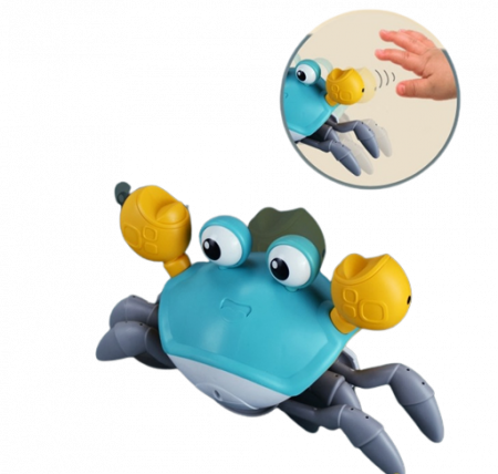 Jucarie interactiva Crab cu sunete, lumini, se deplaseaza si canta, senzori pentru obstacole, jucarie pe inductie, cablu incarcare USB, 3 ani+, turcoaz, Edujucarii [1]