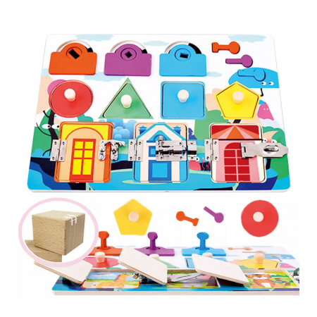 Jucarie interactiva si educativa Montessori, placa senzoriala de activitati 3 in 1 cu forme geometrice, 3 usi cu cheie , 3 usi cu incuietori si 4 forme geometrice [1]