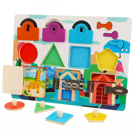 Jucarie interactiva si educativa Montessori, placa senzoriala de activitati 3 in 1 cu forme geometrice, 3 usi cu cheie , 3 usi cu incuietori si 4 forme geometrice [0]