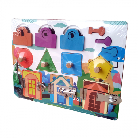 Jucarie interactiva si educativa Montessori, placa senzoriala de activitati 3 in 1 cu forme geometrice, 3 usi cu cheie , 3 usi cu incuietori si 4 forme geometrice [4]
