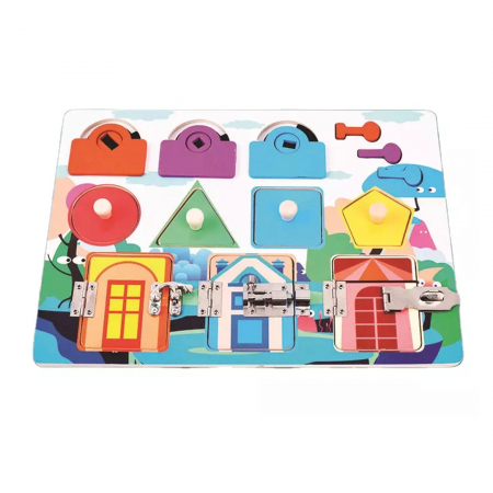 Jucarie interactiva si educativa Montessori, placa senzoriala de activitati 3 in 1 cu forme geometrice, 3 usi cu cheie , 3 usi cu incuietori si 4 forme geometrice [3]