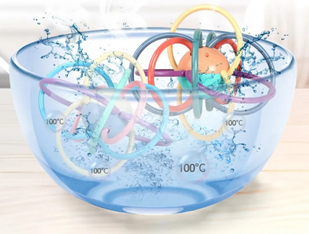 Jucarie pentru bebelusi din silicon cu zornaitoare, motricitate si dentitie fara BPA, 3 luni+, minge multicolora, Edujucarii [5]