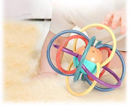 Jucarie pentru bebelusi din silicon cu zornaitoare, motricitate si dentitie fara BPA, 3 luni+, minge multicolora, Edujucarii [1]