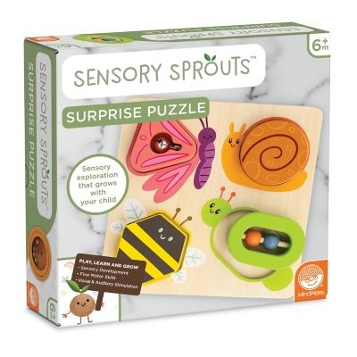 Noutati si reduceri - Jucarie senzoriala din lemn, de tip puzzle, pentru bebelusi, Sensory Sprouts Surprise Puzzle