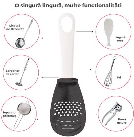 Lingură de gătit multifuncțională 6 în 1  din silicon non toxic pentru bucătărie cu strecurătoare, scurgător, pasator și  răzătoare [7]