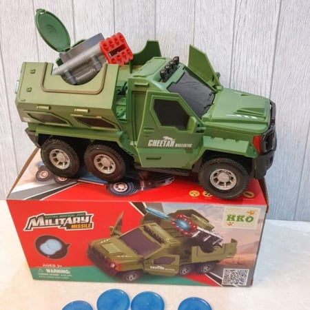 Masina de teren pentru armata, Military Missile, cu baterii, lumini si sunete, lansator de discuri fosforescente, rotire 360 grade, deschiderea usilor, 22 cm [2]