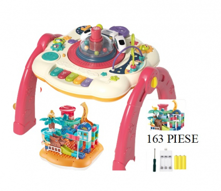 Masuta interactiva, muzicala, 2 in 1, cu 2 fete, centru de activitati pentru bebelusi, pian, volan, labirint, ceas, trenulet si fata cu masa pentru LEGO si 163 piese, rosu, Edujucarii [0]
