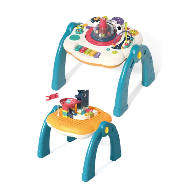 Masuta interactiva, muzicala, 2 in 1, cu 2 fete, centru de activitati pentru bebelusi, pian, volan, labirint, ceas, trenulet si fata cu masa pentru LEGO si 30 piese, albastru, Edujucarii [6]