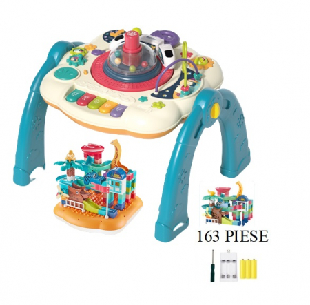 Masuta interactiva, muzicala, 2 in 1, cu 2 fete, centru de activitati pentru bebelusi, pian, volan, labirint, ceas, trenulet si fata cu masa pentru LEGO si 163 piese, albastru, Edujucarii [0]