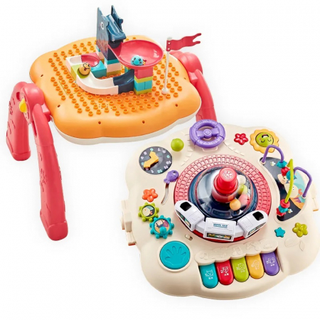 Jucarii interactive - Masuta interactiva, muzicala, 2 in 1, cu 2 fete, centru de activitati pentru bebelusi, pian, volan, labirint, ceas, trenulet si fata cu masa pentru LEGO si 30 piese, rosu, Edujucarii