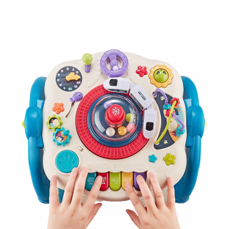 Masuta interactiva, muzicala, 2 in 1, cu 2 fete, centru de activitati pentru bebelusi, pian, volan, labirint, ceas, trenulet si fata cu masa pentru LEGO si 30 piese, albastru, Edujucarii [2]