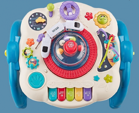 Masuta interactiva, muzicala, 2 in 1, cu 2 fete, centru de activitati pentru bebelusi, pian, volan, labirint, ceas, trenulet si fata cu masa pentru LEGO si 30 piese, albastru, Edujucarii [4]