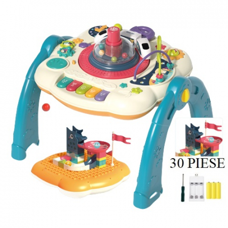 Masuta interactiva, muzicala, 2 in 1, cu 2 fete, centru de activitati pentru bebelusi, pian, volan, labirint, ceas, trenulet si fata cu masa pentru LEGO si 30 piese, albastru, Edujucarii [1]