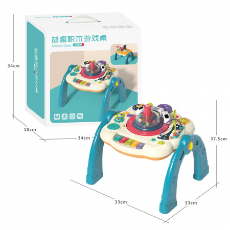 Masuta interactiva, muzicala, 2 in 1, cu 2 fete, centru de activitati pentru bebelusi, pian, volan, labirint, ceas, trenulet si fata cu masa pentru LEGO si 30 piese, albastru, Edujucarii [7]