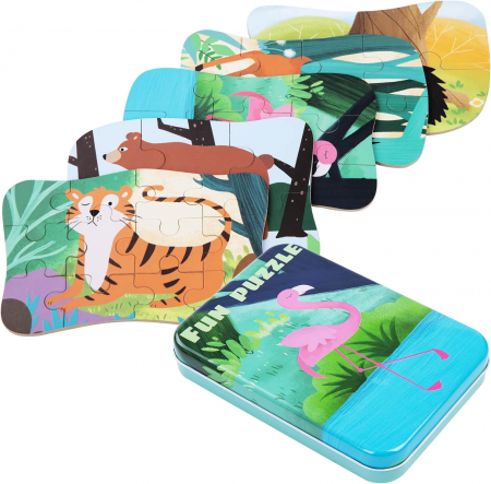 Pachet 3 Seturi de cate  5 Puzzles pentru incepatori, Diferite Nivele de Complexitate, Cutii Metalice, Printese, zane si sirene, Flamingo si animale de padure, Animale polare, 117 piese, 3 ani + [9]