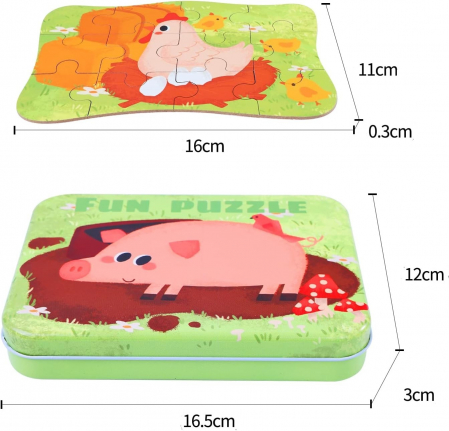 Pachet 3 Seturi de cate  5 Puzzles pentru incepatori, Diferite Nivele de Complexitate, Cutii Metalice, Masini, Animale Salbatice si Animale Domestice, 117 piese, 3 ani + [14]