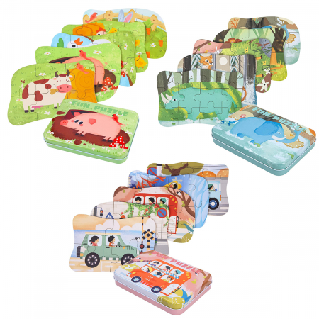 Pachet 3 Seturi de cate  5 Puzzles pentru incepatori, Diferite Nivele de Complexitate, Cutii Metalice, Masini, Animale Salbatice si Animale Domestice, 117 piese, 3 ani + [0]