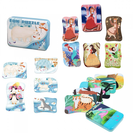Pachet 3 Seturi de cate  5 Puzzles pentru incepatori, Diferite Nivele de Complexitate, Cutii Metalice, Printese, zane si sirene, Flamingo si animale de padure, Animale polare, 117 piese, 3 ani + [0]
