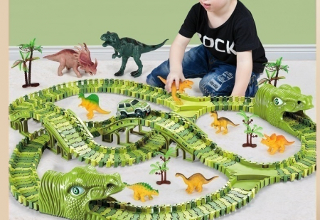Pista de curse Dinozaur Parc cu masinuta electrica, 320 de piese pentru constructia circuitului, 8 dinozauri diferiti si accesorii de decor, 3 ani+ [15]