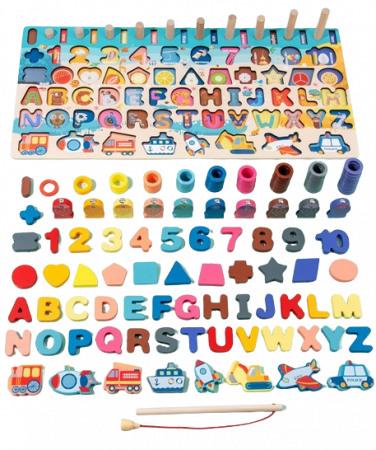 Placa Montessori 7 in 1, Joc logaritmic cu multiple activitati, Puzzle cu cifre, litere,  forme geometrice, mijloace de transport,  Joc de pescuit, 3ani+, EduJucarii [6]