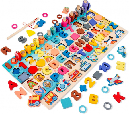 Placa Montessori 7 in 1, Joc logaritmic cu multiple activitati, Puzzle cu cifre, litere,  forme geometrice, mijloace de transport,  Joc de pescuit, 3ani+, EduJucarii [0]