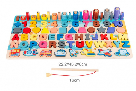 Placa Montessori 7 in 1, Joc logaritmic cu multiple activitati, Puzzle cu cifre, litere,  forme geometrice, mijloace de transport,  Joc de pescuit, 3ani+, EduJucarii [7]