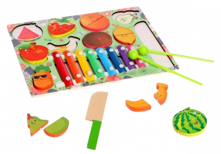 Jucarii si jocuri educative - Placa montessori din lemn 3 in 1, Puzzle educativ pentru copii cu xilofon si fructe pentru feliere