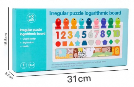 Placa Montessori, Joc logaritmic cu 4 activitati, Puzzle tetris cu animale, cifre si forme geometrice, Joc de pescuit, Irregular Puzzle Logarithmic Board, 3 ani+, EduJucarii [3]
