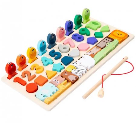 Puzzle - Placa Montessori, Joc logaritmic cu 4 activitati, Puzzle tetris cu animale, cifre si forme geometrice, Joc de pescuit, Irregular Puzzle Logarithmic Board, 3 ani+, EduJucarii