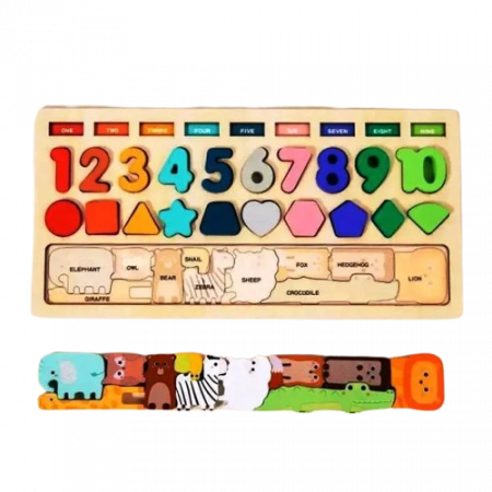Placa Montessori, Joc logaritmic cu 4 activitati, Puzzle tetris cu animale, cifre si forme geometrice, Joc de pescuit, Irregular Puzzle Logarithmic Board, 3 ani+, EduJucarii [7]