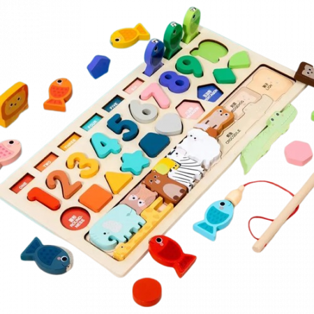 Placa Montessori, Joc logaritmic cu 4 activitati, Puzzle tetris cu animale, cifre si forme geometrice, Joc de pescuit, Irregular Puzzle Logarithmic Board, 3 ani+, EduJucarii [8]