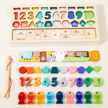 Placa Montessori, Joc logaritmic cu 4 activitati, Puzzle tetris cu animale, cifre si forme geometrice, Joc de pescuit, Irregular Puzzle Logarithmic Board, 3 ani+, EduJucarii [5]