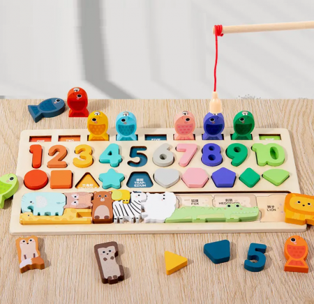 Placa Montessori, Joc logaritmic cu 4 activitati, Puzzle tetris cu animale, cifre si forme geometrice, Joc de pescuit, Irregular Puzzle Logarithmic Board, 3 ani+, EduJucarii [6]