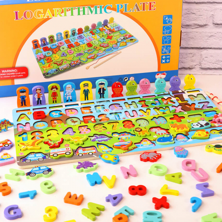 Jucarii si jocuri educative - Placa Montessori, Joc logaritmic cu multiple activitati, Puzzle cu animale, cifre, litere, mijloace de transport,  Joc de pescuit, 5 activitati