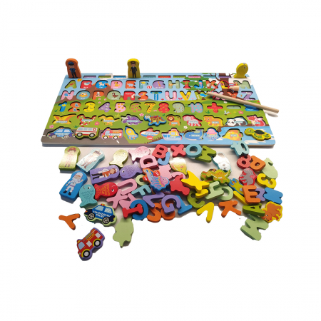 Placa Montessori, Joc logaritmic cu multiple activitati, Puzzle cu animale, cifre, litere, mijloace de transport,  Joc de pescuit, 5 activitati [4]
