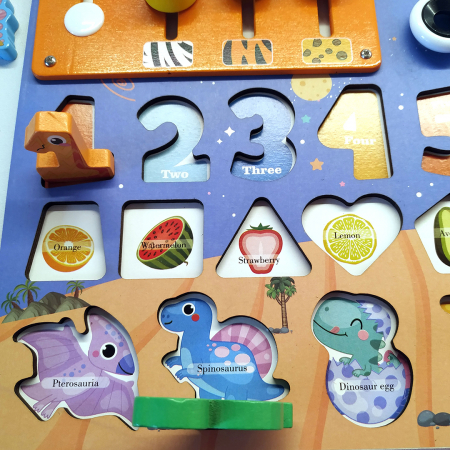 Placa Montessori, Joc logaritmic cu multiple activitati, Puzzle cu dinozauri, forme, numere, fructe, Joc de pescuit, spinner, Aritmetic spinner, 7 activitati [6]