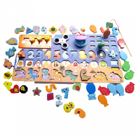 Jucarii si jocuri educative - Placa Montessori, Joc logaritmic cu multiple activitati, Puzzle cu dinozauri, forme, numere, fructe, Joc de pescuit, spinner, Aritmetic spinner, 7 activitati