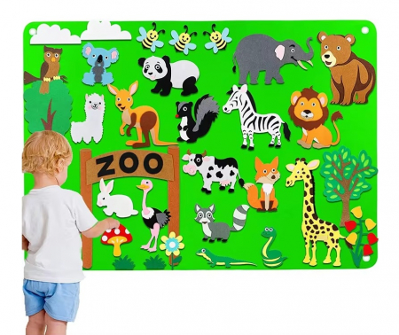 Plansa educativa si interactiva Montessori, fetru, agatatoare perete, 32 elemente de prindere cu scai, Animale ZOO, 105 x 75 cm, 3 ani+, EduJucarii [1]