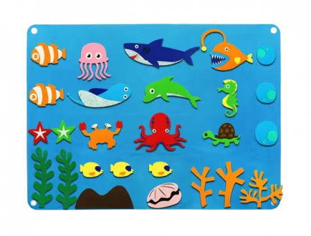 Plansa educativa si interactiva Montessori, fetru, agatatoare perete, 27 elemente de prindere cu scai, Ocean, 105 x 75 cm, 3 ani+, EduJucarii