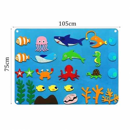 Plansa educativa si interactiva Montessori, fetru, agatatoare perete, 27 elemente de prindere cu scai, Ocean, 105 x 75 cm, 3 ani+, EduJucarii [1]