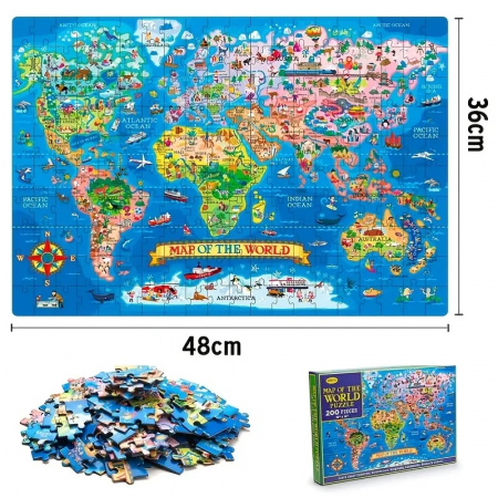 Puzzle cu harta lumii, Tari, Arhitectura, Geografie, Atractii Turistice, Oceane, Cultura, 200 de piese, 36 x 48 cm, 8 ani + [1]