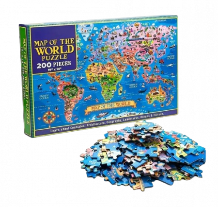 Puzzle cu harta lumii, Tari, Arhitectura, Geografie, Atractii Turistice, Oceane, Cultura, 200 de piese, 36 x 48 cm, 8 ani + [0]